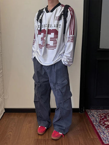 AIDASE  -  Retro Sports Jersey satin T shirt Men's clothing Hip Hop Printing V-neck Oversized Long Sleeved T shirt Casual Streetwear Autumn aidase-shop